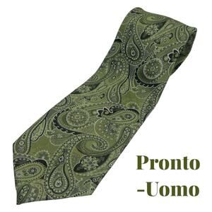 Pronto-Uomo Green Silver Paisley Pure Silk Career Office Necktie NWOT
